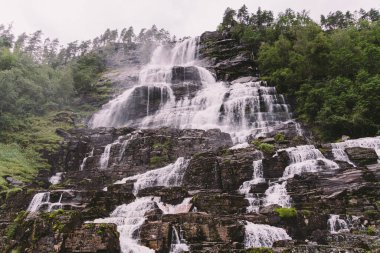 Norveç, Voss yakınlarındaki Tvindefossen ya da Tvinnefossen şelalesi manzarası. Doğal, manzaralı. Tvinde Kampı. Tabela, kayalar.