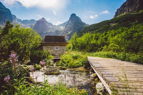 Alta Tatras Eslováquia Verão Vista Para Montanhas Montanhas Casa Fundo — Fotografia de Stock