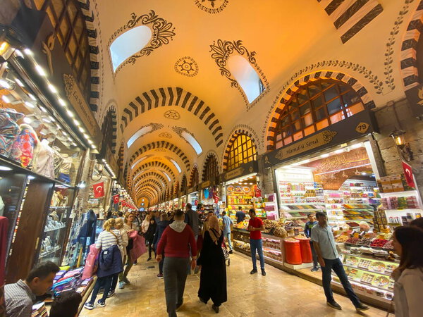 Egyptian Bazaar, Istanbul, Turkey, October 28, 2019. People are on the Egyptian Bazaar. Spice Bazaar. Grand bazaar in Istanbul. People and Tourists are shopping. street markets in Turkish city.