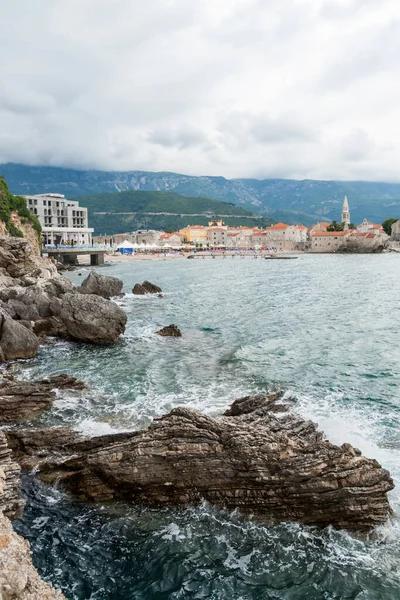 Budva Oude Stad Strand Zeezicht Kotor Bay Montenegro — Stockfoto