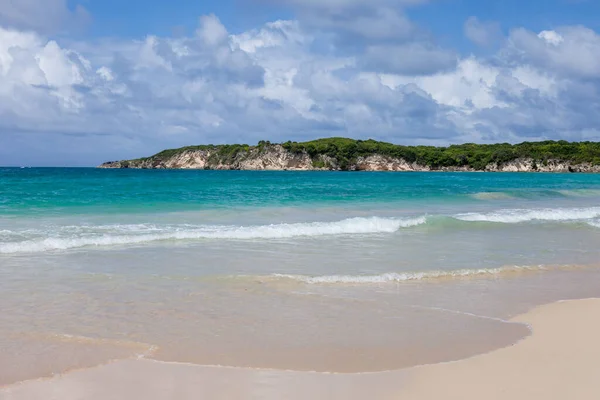 Paysage Plage Avec Sable Vagues Mousse Blanche Palmiers Ciel Bleu — Photo