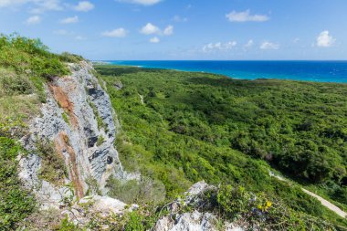 Yeşil dağların tepelerinden dağ manzarası çayırlar ve mavi gökyüzü. Ormanda yeşil hava aracı görüntüsü  