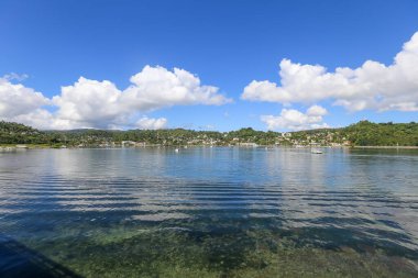 Dominik Cumhuriyeti 'nde palmiye ağaçları, kumlu plajlar, yeşil dağlar, kayalar, mavi gökyüzü ve turkuaz su ile Karayip manzarası 
