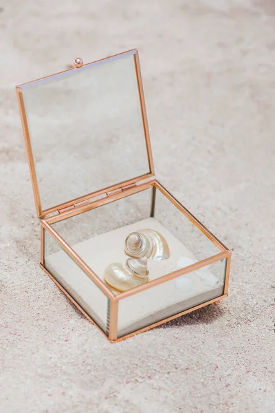 Anéis Casamento Close Decorado Náutico Com Acessórios Para Cerimônia Casamento — Fotografia de Stock