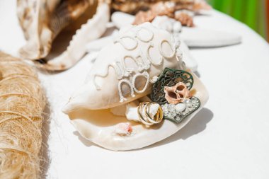 Alyanslar, Dominik Cumhuriyeti, Punta Cana 'daki kumlu kumsalda tropikal Karayipler için düzenlenen düğün aksesuarlarıyla donatılmış.