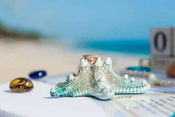 Anillos Boda Cerca Náutico Decorado Con Accesorios Para Ceremonia Boda —  Fotos de Stock