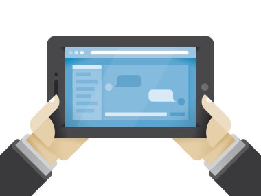 Tablet bilgisayar ile sosyal ağ iletileri sohbet ekranda holding işadamı eller. Fikir - sosyal ağ içinde modern iş