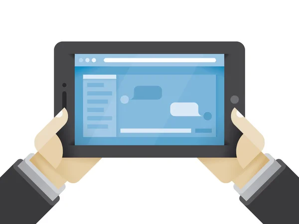 Zakenman handen met tablet pc met sociale netwerk berichten chat op het scherm. Idee - sociale netwerken in het moderne bedrijfsleven — Stockvector
