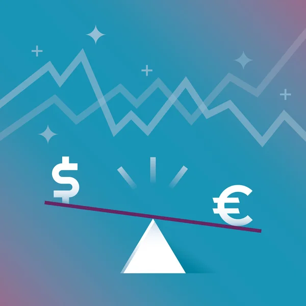 Saldo com o símbolo da moeda dólar e euro com gráficos de crescimento e recessão em segundo plano . —  Vetores de Stock
