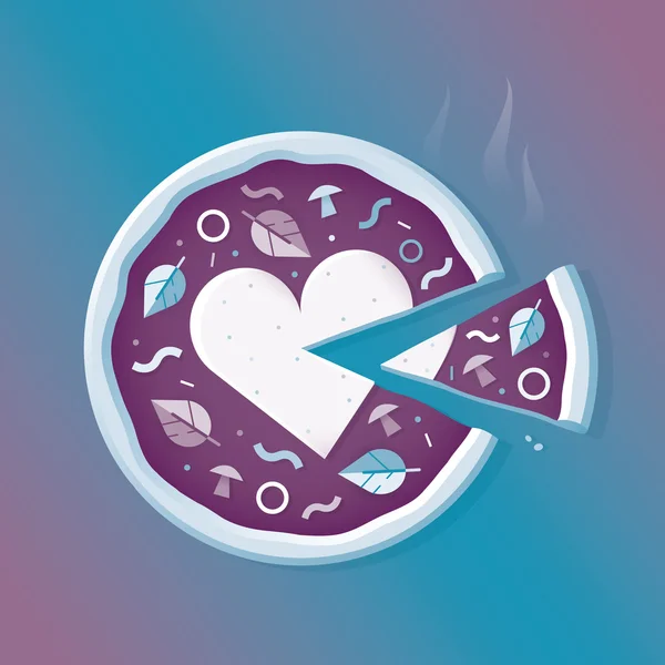 Podělte se o lásce! Abstraktní pizza s symbol srdce a řez. Idea - charita, pomoc, péči, pomoc a darování, dej svou lásku k ostatním, Valentines den, angažovanost, manželství a líbánky koncepty. — Stockový vektor