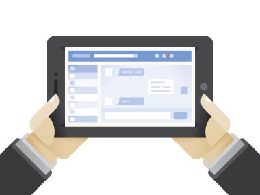 Sosyal ağ sohbet sayfası işadamı elinde olan tablet bilgisayar. Fikir - sosyal ağ modern iş konuşmaları.