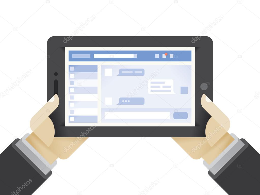Tablet computer with social network chat page in businessman hands. Idea - Social networking in modern business conversations.