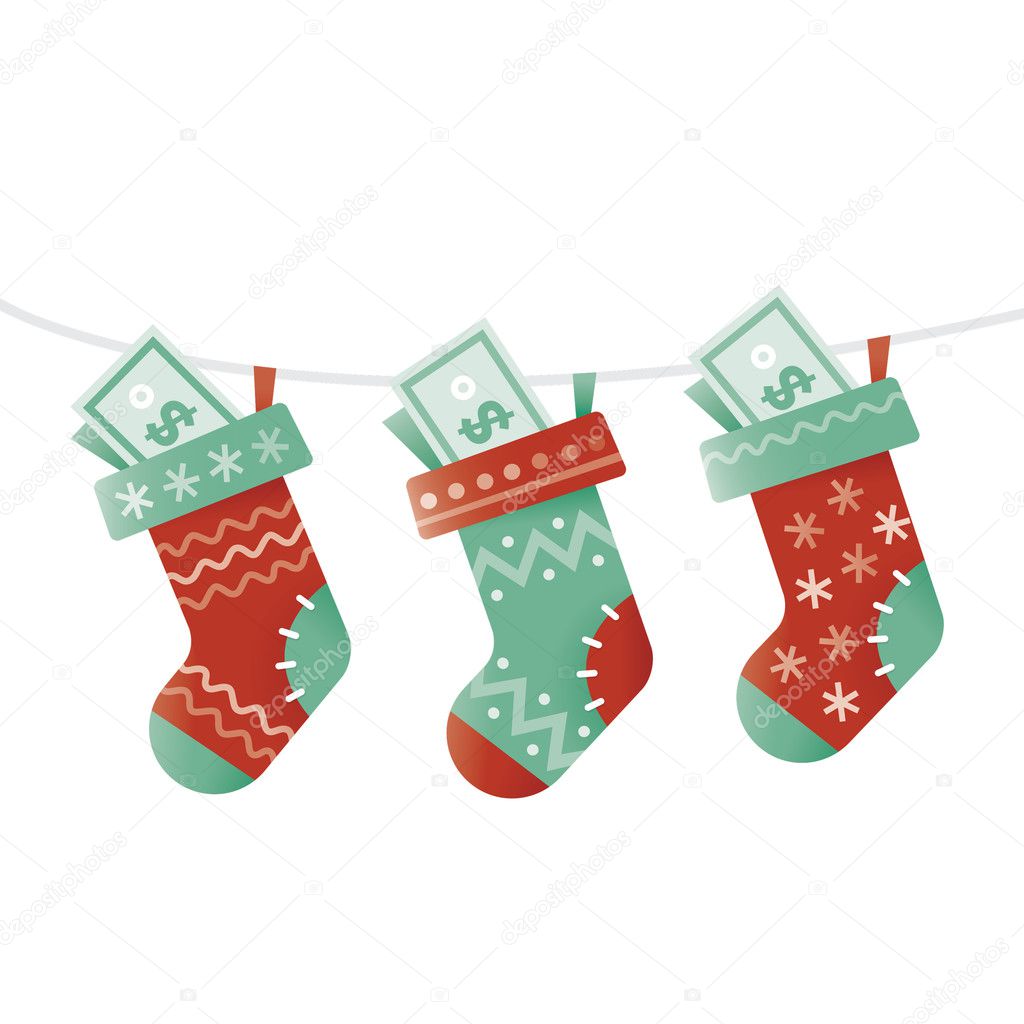 Christmas socks stuffed with money.  Idea - New year and new successful business year, Good wishes, Luck, Win, Big profit, Future investments results etc.