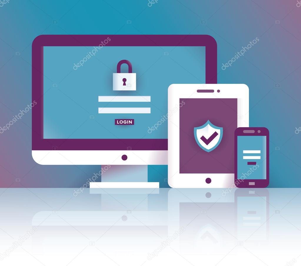 Computer, tablet and mobile phone with security protection business information data with shield and lock symbol. Idea - Protected computer networks and antivirus services, secure access, hacking etc.
