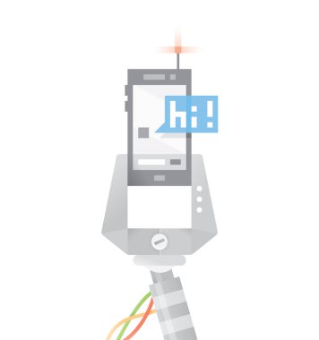 Robot el cep telefonu ile sohbet haber - Merhaba tutarak vektör çizim! (Merhaba)