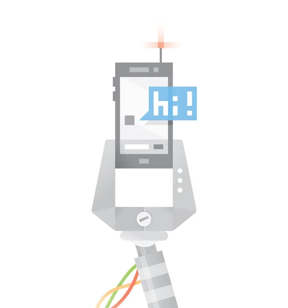 Ilustração vetorial do robô mão segurando telefone celular com mensagem de bate-papo on-line - Oi! Olá. ) —  Vetores de Stock