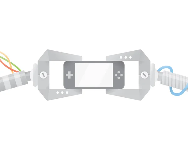 텍스트에 대 한 공간을 가진 빈 화면 휴대용 비디오 게임 장치를 들고 로봇 손 — 스톡 벡터