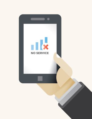 Human hands holding mobile phone with No Service (no cellular network available or no signal) operator message on screen. clipart