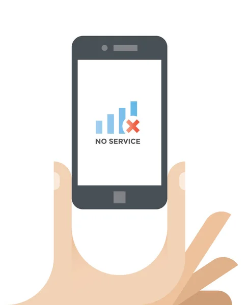 No Service (no mobile cellular network available signal) operator message smartphone screen. Concepts: dead zone, dropped call, connection error, overload, airplane mode, carrier searching, antenna, base station — Stock Vector