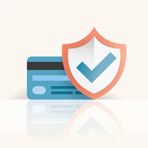 Karta kredytowa z tarczą. Karta kredytowa z tarczą. Pomysł - zakup ochrony, online zakupy informacje finansowe bezpieczne, koncepcje technologia bezpieczne transakcje biznesowe internet. — Wektor stockowy