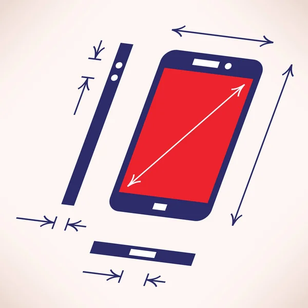 Mobiltelefon blueprint med storlekar - längd, bredd, höjd och diagonal — Stock vektor