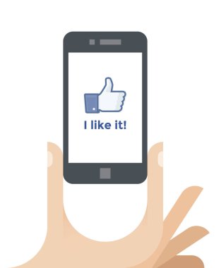 Cep telefonu ile Facebook düğmesi gibi tutan insan el çizimi.