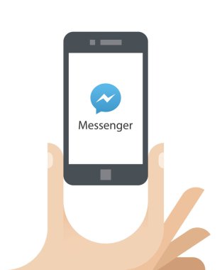 Cep telefonu ile Facebook Messenger logosu ekranda tutan insan el çizimi. Bir popüler anlık ileti hizmeti ve yazılım uygulaması elçisidir.