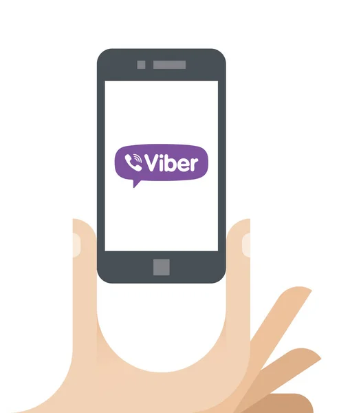 Ekranda Viber logolu cep telefonu tutan insan el çizimi. Viber bir popüler çapraz platform anlık mesajlaşma ve sesli IP (VoIP) bir uygulamadır. — Stok Vektör