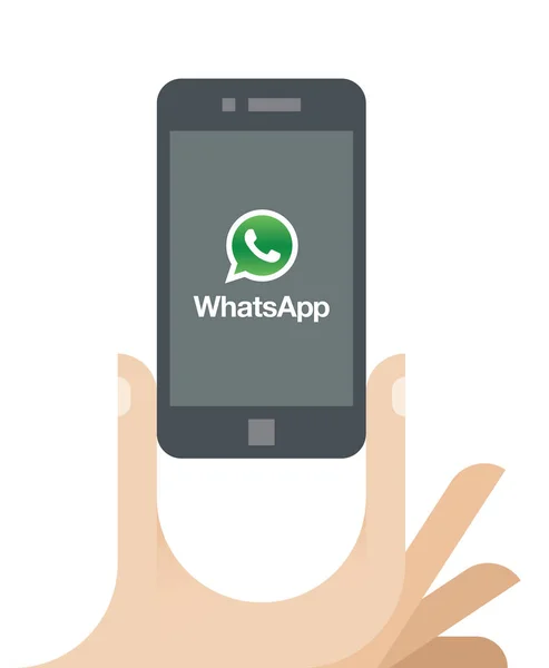 Illustratie van de menselijke hand met mobiele telefoon met Whatsapp logo. Whatsapp is een merkgebonden, platformonafhankelijke, gecodeerde instant-messagingcliënt voor smartphones. — Stockvector