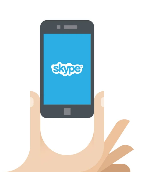 Illustration of human hand holding mobile phone with Skype logo on screen. Skype is a popular application that provides video chat and voice call services. — Stock Vector