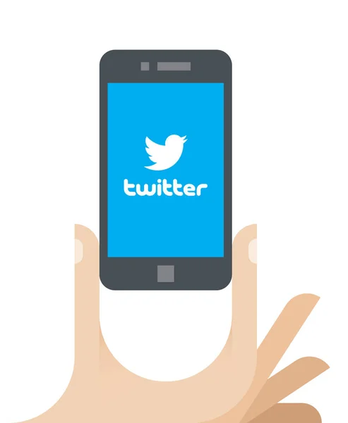 Ilustração da mão humana segurando o telefone celular com o logotipo do Twitter página da internet na tela. Twitter é um serviço de notícias on-line e redes sociais onde os usuários postam e leem mensagens curtas de 140 caracteres chamadas "tweets ". — Vetor de Stock
