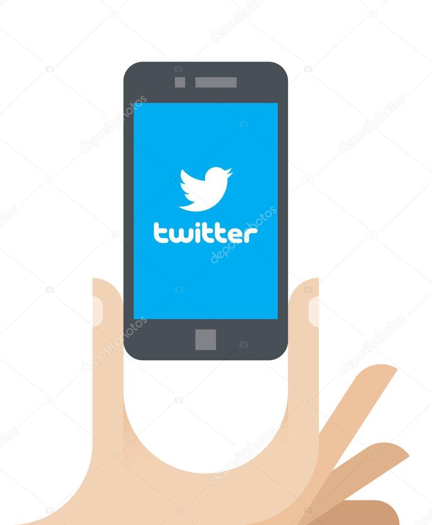 Illustration of human hand holding mobile phone with Twitter logo internet page on screen. Twitter is an online news and social networking service where users post and read short 140-character messages called 