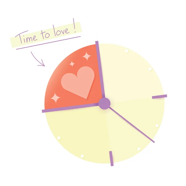 Il est temps d'aimer ! Illustration abstraite du visage de l'horloge avec fragment avec symbole du cœur - temps de l'amour, des relations. Idée - Saint-Valentin concept, sentiment et émotions, planification du temps des relations . — Image vectorielle