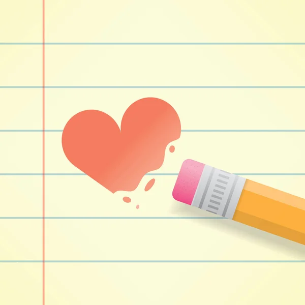 Close up of a pencil erasing the red heart symbol on a paper. Idea - Divorce, marriage difficulties, solitude, loneliness concepts. — Stock Vector