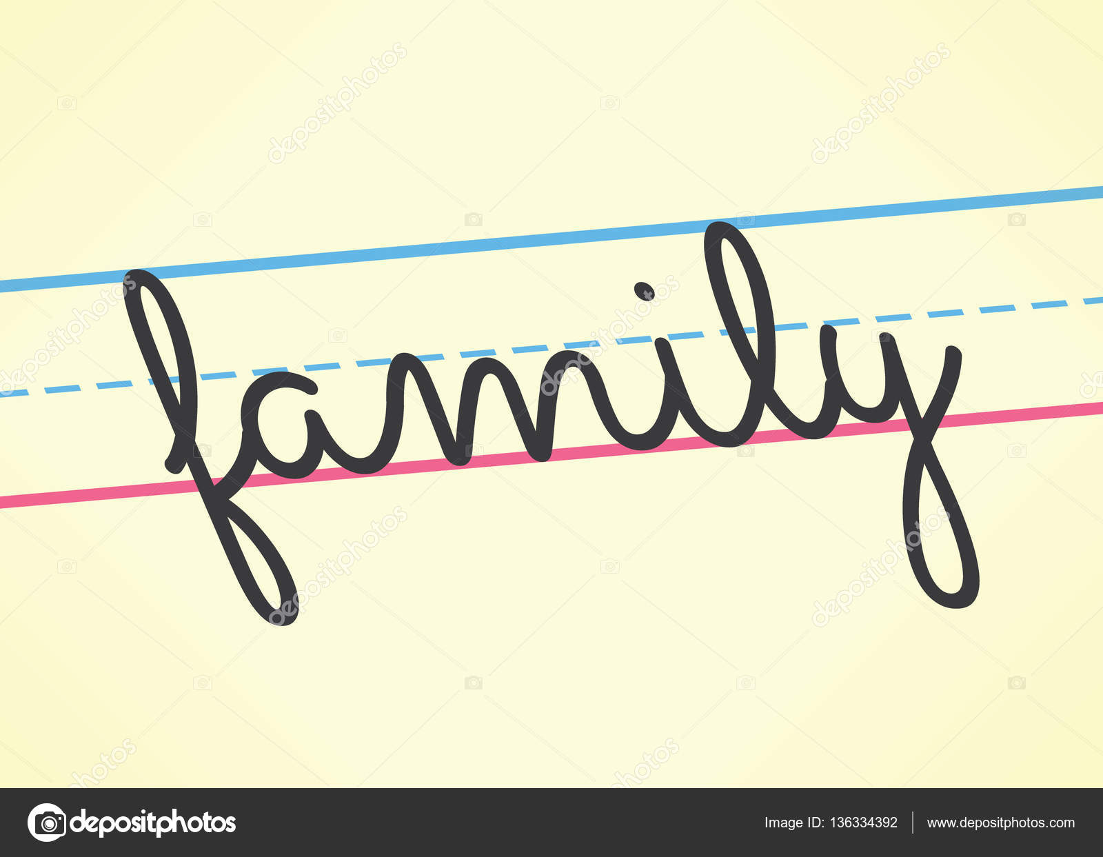 Família palavra cursiva manuscrita no estilo de educação das crianças.  Ideia - Escola de relações familiares, conceito de problemas . Vetor de  ©HannaTolak 136334392, image size:1024x795