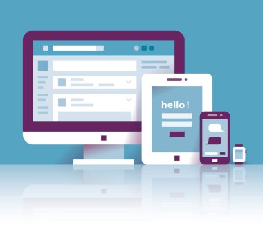 Bilgisayar, tablet, cep telefonu ve akıllı dikkat ile sosyal ağ internet sayfası, hoş geldiniz giriş ekranı ve online mesajlaşma sohbet sayfası. Fikir - sosyal ağ iletişimi ve iletişim teknolojileri.