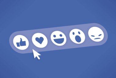 Sosyal ağ geribildirim reaksiyonlar simgeler - Yaşasın, aşk, gülümseme, kızgın, fare imleci simgesi olan merak ediyorum. Internet iletişimi ve web bloglama kavramı.