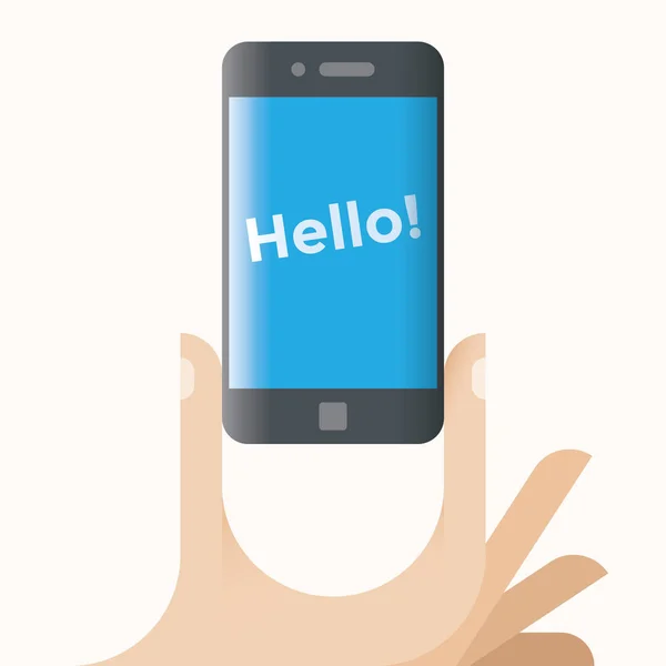 Human hands holding mobile phone with curved screen edge and word Hello! on screen. Idea - New mobile technologies for user interface. — Stock Vector