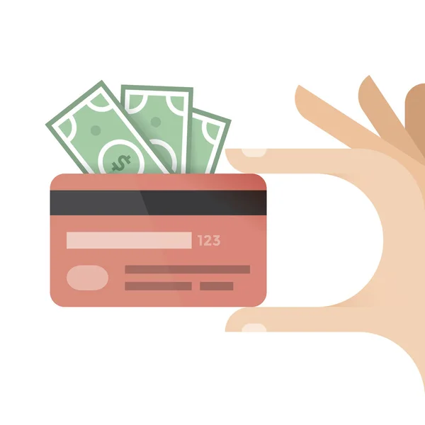 Main humaine tenant carte de crédit et argent - dollars. Idée - Paiement mobile, Achats et services bancaires en ligne, Epargne et pension . — Image vectorielle