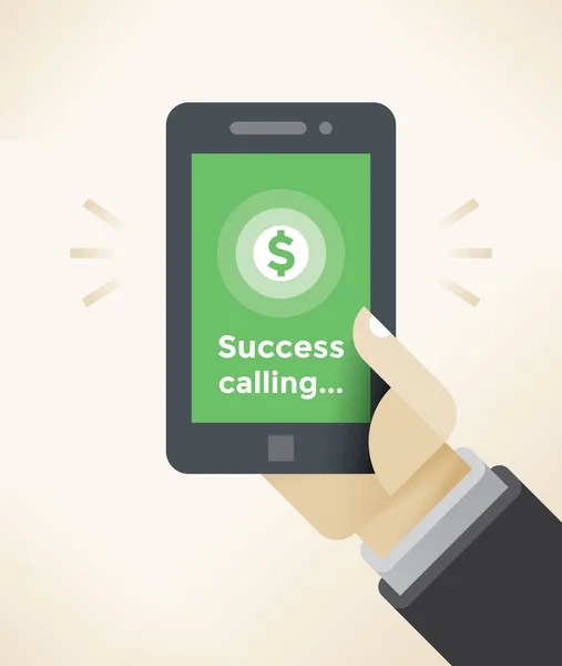 Zakenman hand met mobiele telefoon met abstracte inkomende oproep "Succes noemen" melding op het scherm. Idee - succes bedrijfsconcepten. — Stockvector