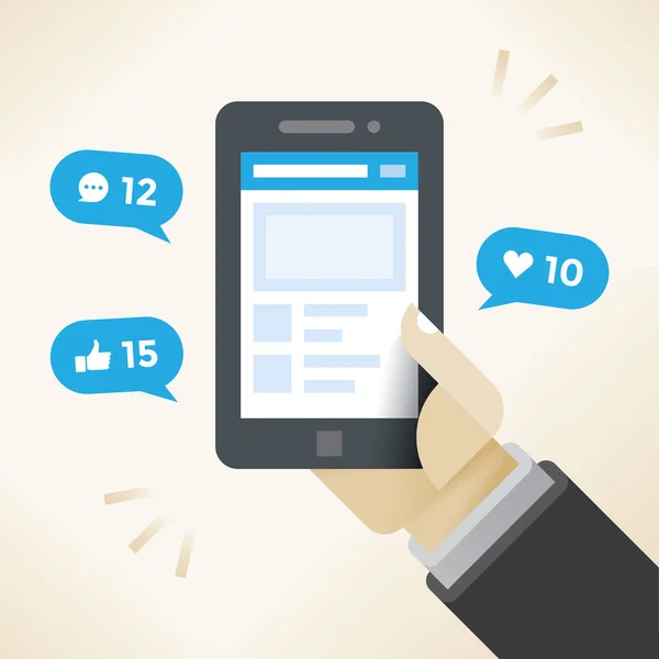 실업가 손을 화면-새로운 채팅 메시지와 새로운 기사 좋아하는 감사에 소셜 네트워크 알림 휴대 전화를 들고. 아이디어-소셜 비즈니스 협상에서 네트워킹. — 스톡 벡터