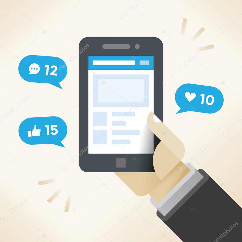 Businessman hand holding mobile phone with social network notifications on screen - new chat messages, new article likes and appreciations. Idea - social networking in modern business negotiations.