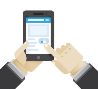 İşadamı başparmak yukarıya cep telefonu tutan sosyal ağ düğmesini tıklatın. Fikir - yeni sohbet mesajı, makale geribildirim appreciations, modern iş görüşmelerinde ağ sosyal.