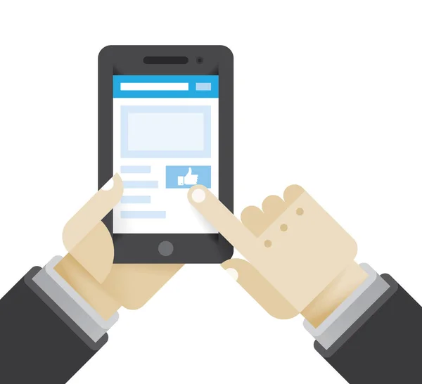 Zakenman Klik duimen omhoog sociaal netwerk knop bedrijf van de mobiele telefoon. Idee - nieuwe chatberichten, artikel feedback appreciaties, sociale netwerken in moderne zakelijke onderhandelingen. — Stockvector