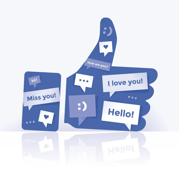 Pollice sul simbolo di social networking con messaggi di chat in esso. Idea - blogging e messaggistica online . — Vettoriale Stock
