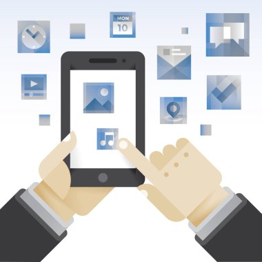 Hareket eden telefon ile multimedya simgeler - takvim, saat, görevleri, e-posta, sohbet ve iletileri, fotoğraf, Video, Filmler ve müzik holding işadamı eller