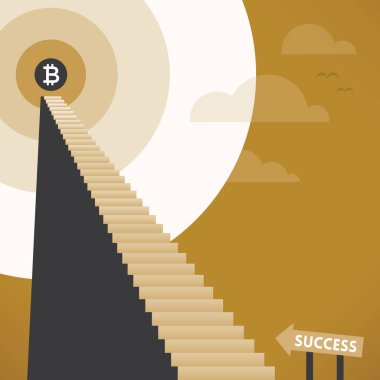 Üzerinde parlayan bitcoin sembolü olan soyut bir iş başarısına giden merdiven. Konseptler: yüksek bitcoin döviz kuru, fiyat ve maliyet, yatırım, karlılık, elektronik kripto para birimi yatırımı vs.