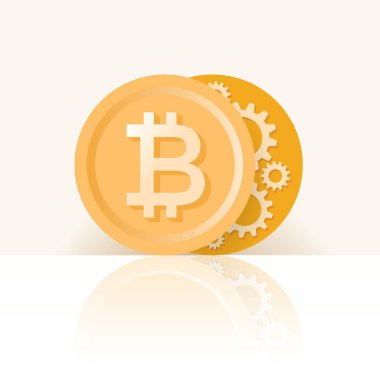 Mekanizma dişlileri ve dişlileri olan soyut sıradışı bitcoin. Fikir - elektronik kripto para birimi ve para işlemleri, para yapımı, planlama, yatırım vb..