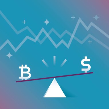 Usd doları ve arka planda büyüme ve durgunluk grafikleri olan bitcoin para birimi sembolleriyle denge. Kavram: Bitcoin daha yüksek döviz kuru, fiyat ve maliyet gösterme ağırlığı