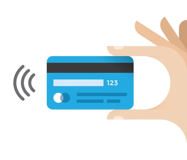 ビジネスマンの手は非接触支払記号のアイコンが付いているクレジットカードまたはデビットカードを保持する コンセプト ショッピング モバイルサービスのための新しい革新と技術 — ストックベクタ